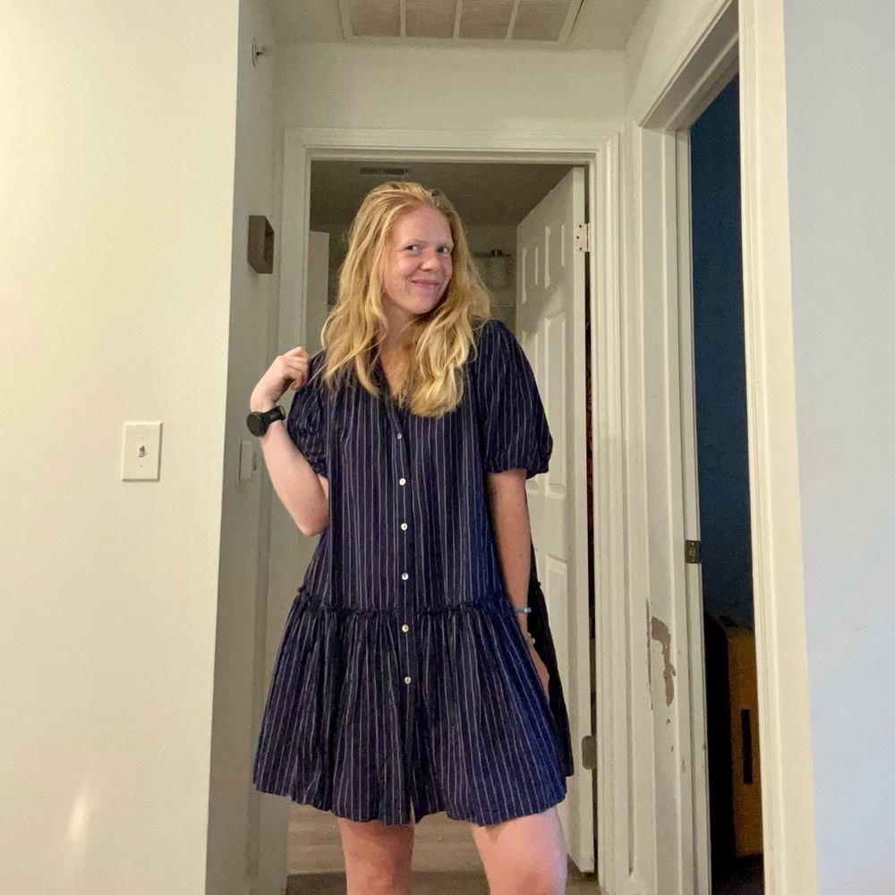 DREW Navy Striped dress